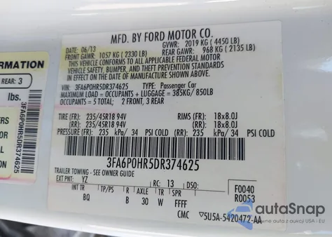 2013 Ford Fusion Se from USA, damaged, VIN 3FA6P0HR5DR374625